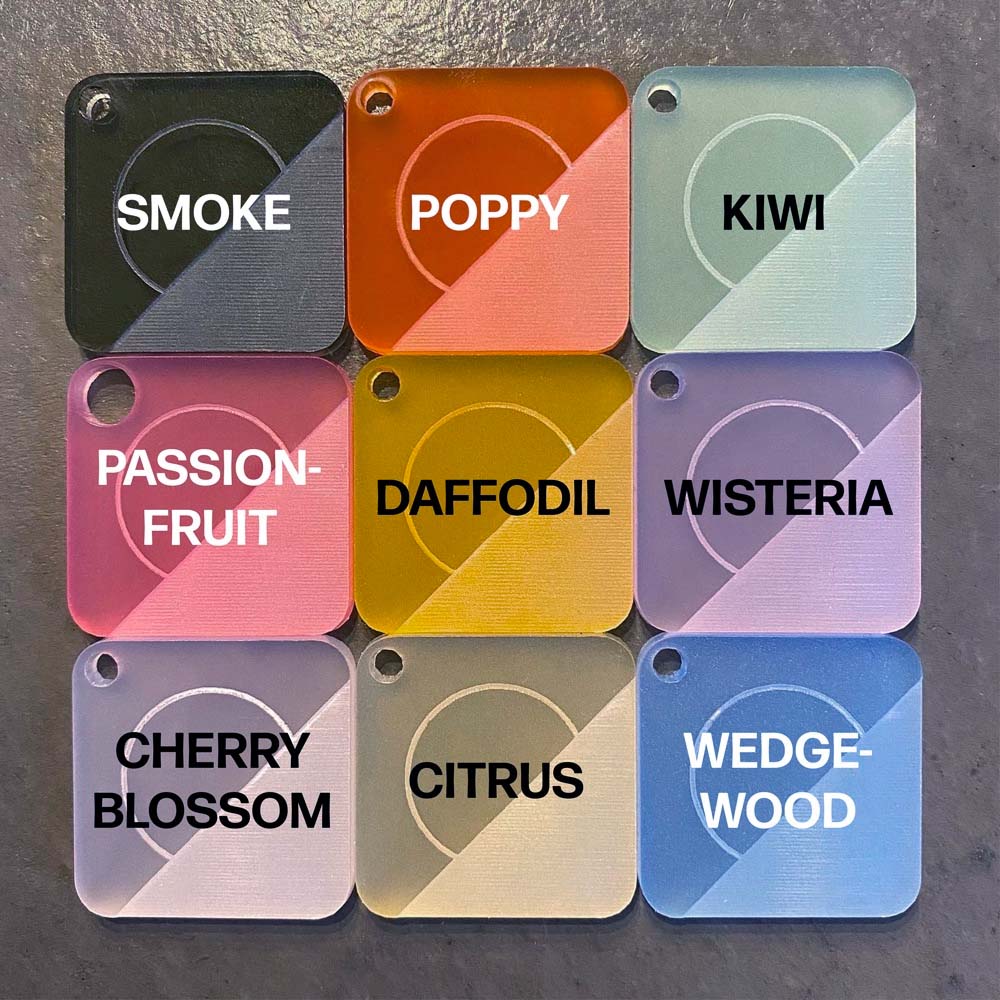 Bildet viser eksempel på farger for hustall: smoke, poppy, kiwi, pasjonsfrukt, daffodil, wisteria, cherry blossom, citrus og wedgewood.
